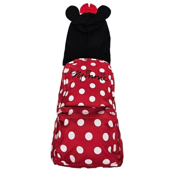 Disney Red & White Polka Dot Minnie Mouse Hooded Backpack Women's Bag - Picture 6 of 12